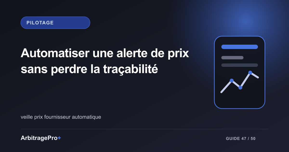 Copertina viola con il titolo «Automatizzare un avviso di prezzo senza perdere la tracciabilità» e una dashboard ArbitragePro+ stilizzata