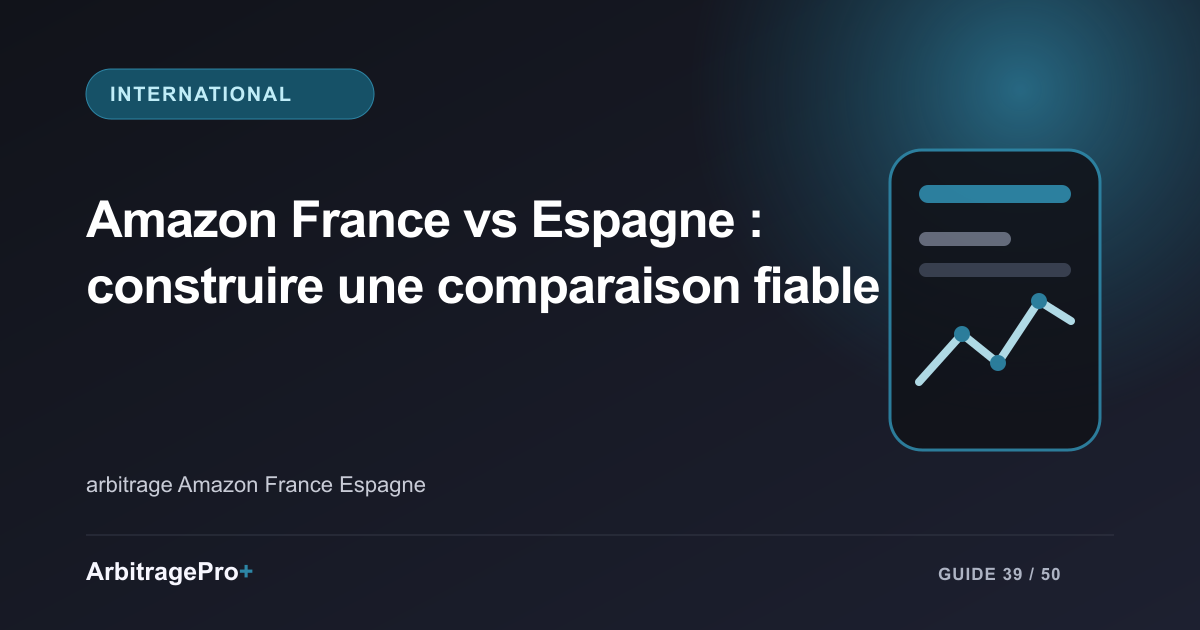 Couverture violette titrée « Amazon France vs Espagne : construire une comparaison fiable » avec un tableau de bord ArbitragePro+ stylisé