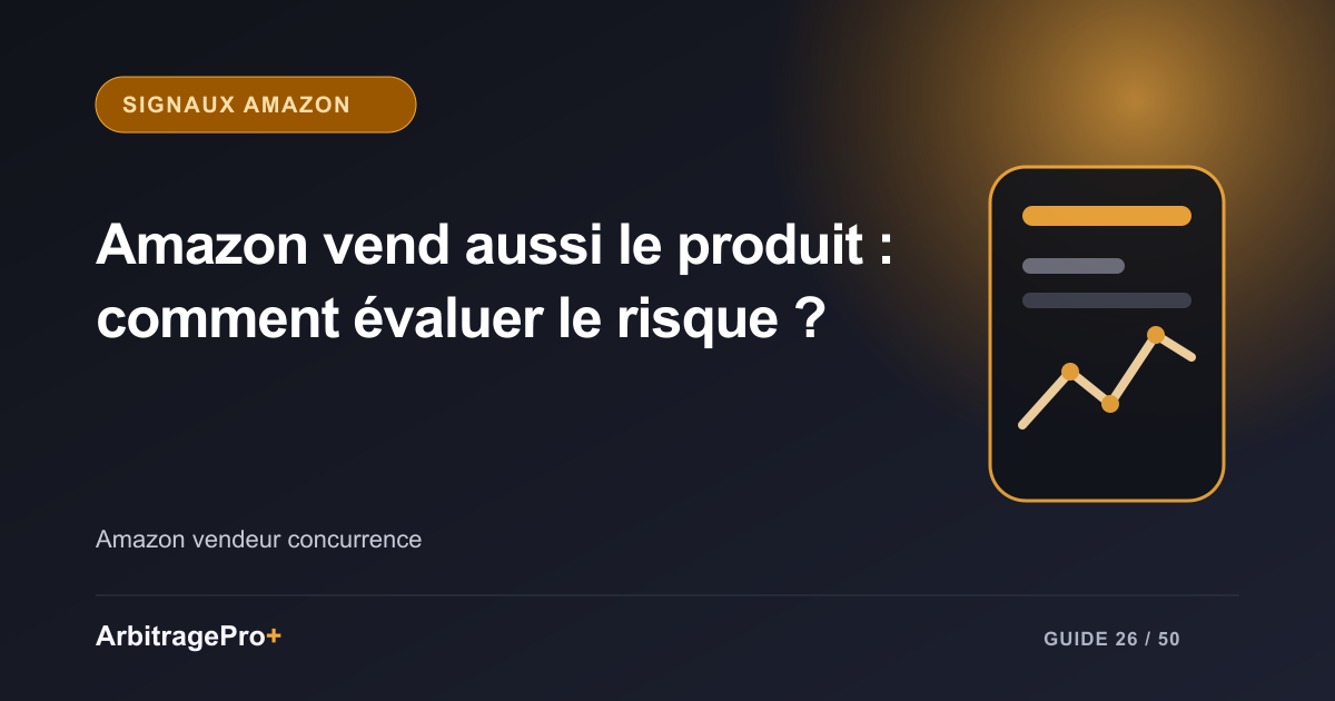 Couverture violette titrée « Amazon vend aussi le produit : comment évaluer le risque ? » avec un tableau de bord ArbitragePro+ stylisé