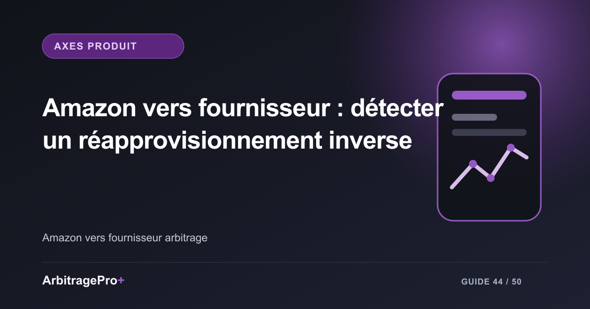 Violettes Cover mit dem Titel „Von Amazon zum Lieferanten: umgekehrte Nachbeschaffung erkennen“ und einem stilisierten ArbitragePro+-Dashboard