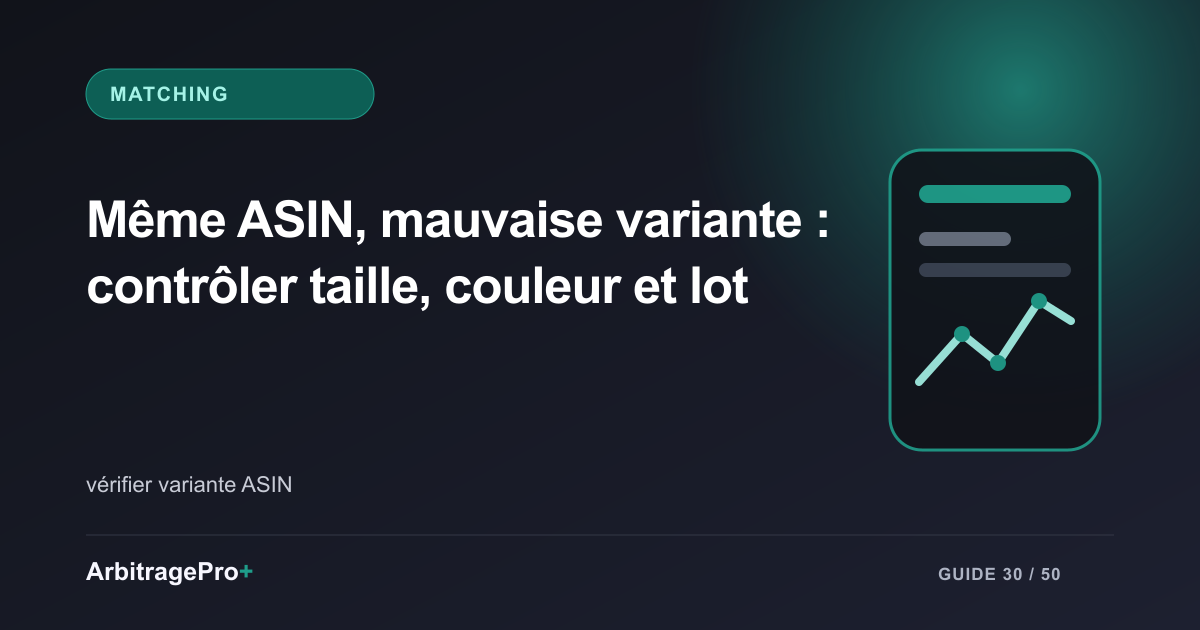 Couverture violette titrée « Même ASIN, mauvaise variante : contrôler taille, couleur et lot » avec un tableau de bord ArbitragePro+ stylisé