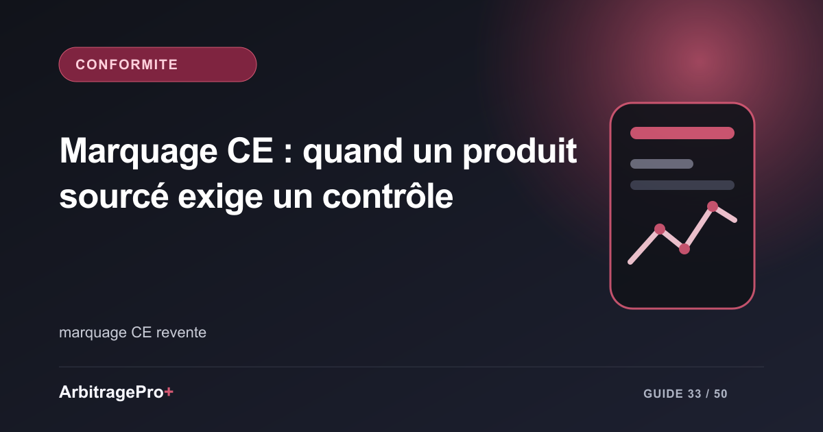 Couverture violette titrée « Marquage CE : quand un produit sourcé exige un contrôle » avec un tableau de bord ArbitragePro+ stylisé