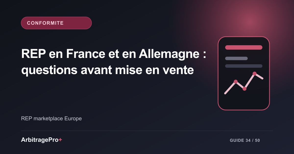 Couverture violette titrée « REP en France et en Allemagne : questions avant mise en vente » avec un tableau de bord ArbitragePro+ stylisé