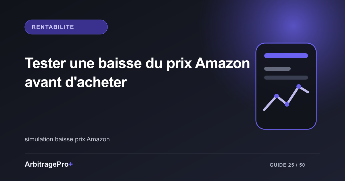 Violettes Cover mit dem Titel „Eine Amazon-Preissenkung vor dem Kauf testen“ und einem stilisierten ArbitragePro+-Dashboard