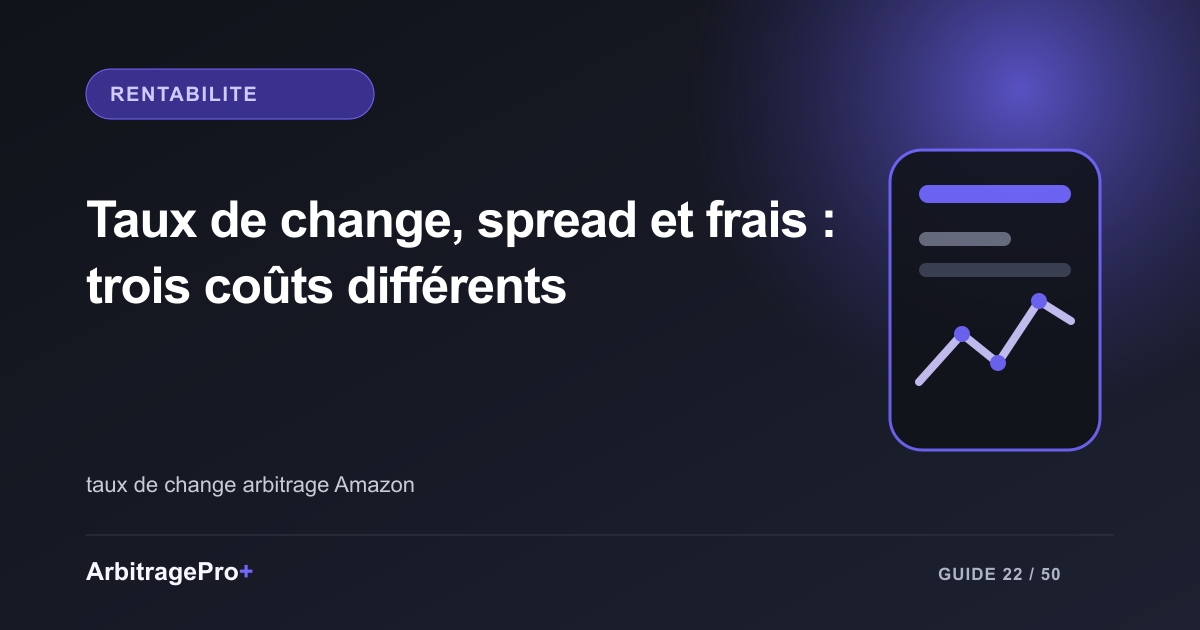 Couverture violette titrée « Taux de change, spread et frais : trois coûts différents » avec un tableau de bord ArbitragePro+ stylisé